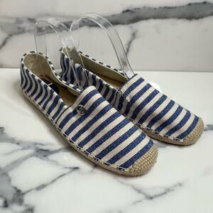 MICHAEL Michael Kors Women's Blue Cream Striped Canvas Kendrick Flat Sz 8